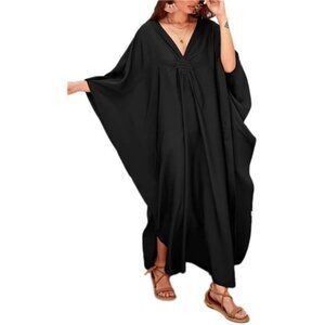 Women Solid Color Cover Up V Neck Batwing Sleeve Plus Size Beach